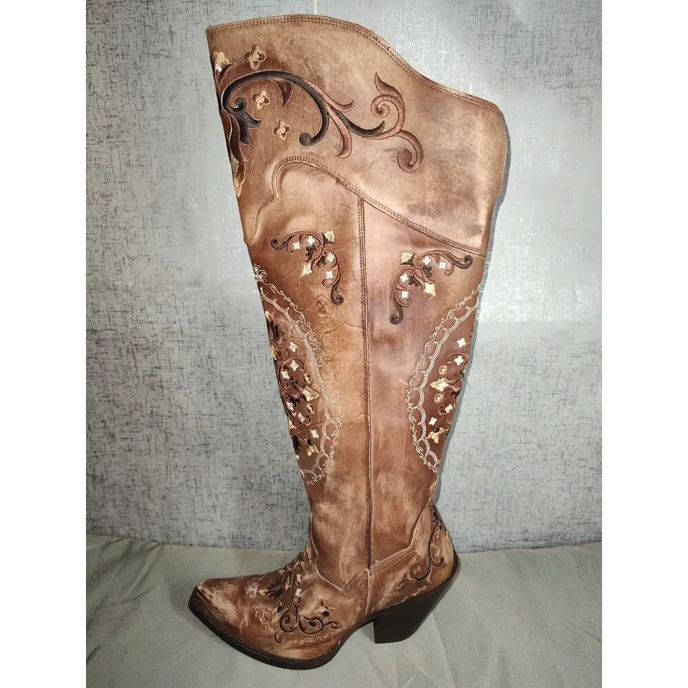 Dan Post Jilted Knee High Flower Embroidery Western Boots Sz 8.5M